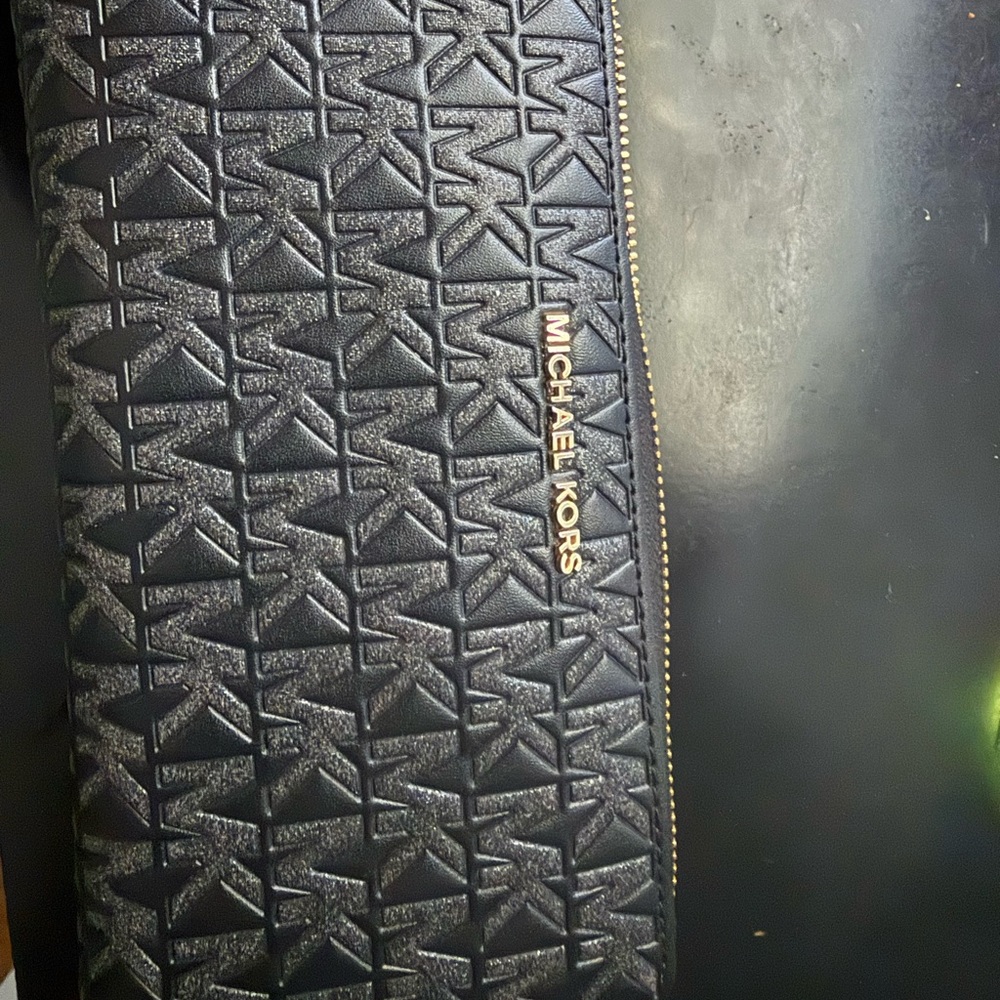Michael Kors Black Embossed Logo Zip Wallet with Gold Hardware